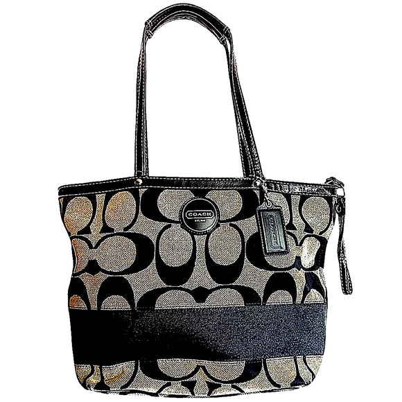 COACH Vintage Luxury Signature Canvas Stripe Canvas Tote in Black/Gray - Picture 9 of 16